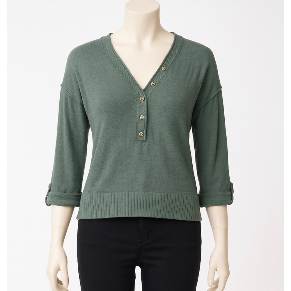 LOFT Sweater Womens Green V Neck 3/4 Sleeve Breathable Knit Top Size Small